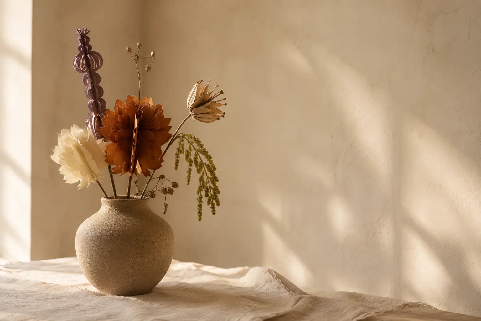 Modernist paper-art floral still life on cream linen, CENO hero mood