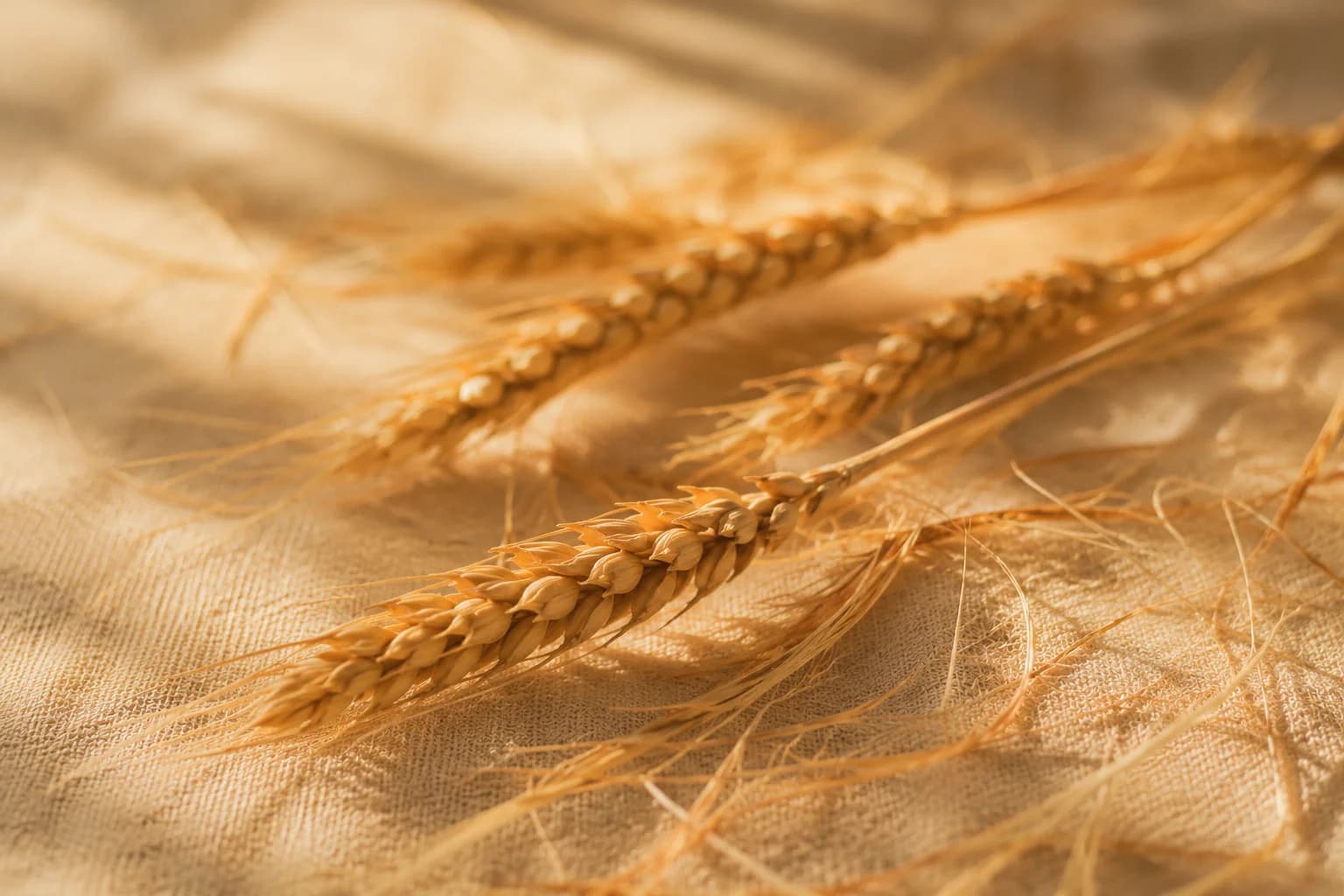 Golden wheat stalks and dried straw fibres on cream linen, soft late afternoon light