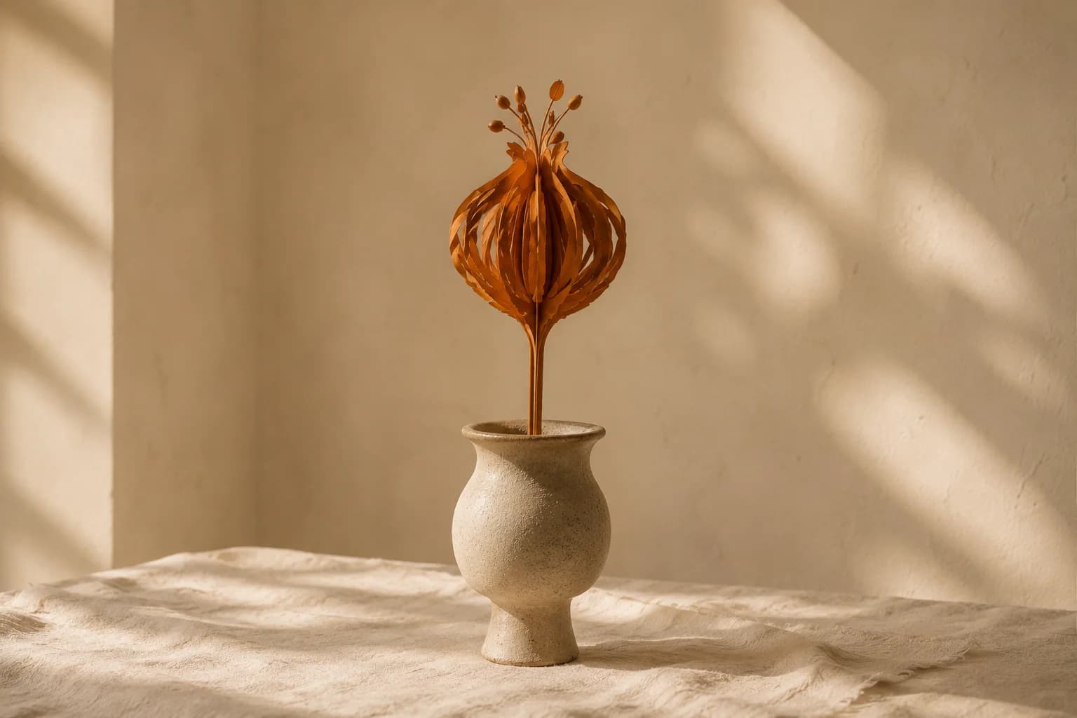 Single dried floral element in a hand-thrown ceramic vessel against pale plaster wall