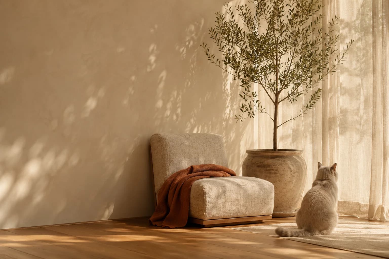 Sunlit corner of a modern Australian home, timber floor and indoor plant, soft natural light